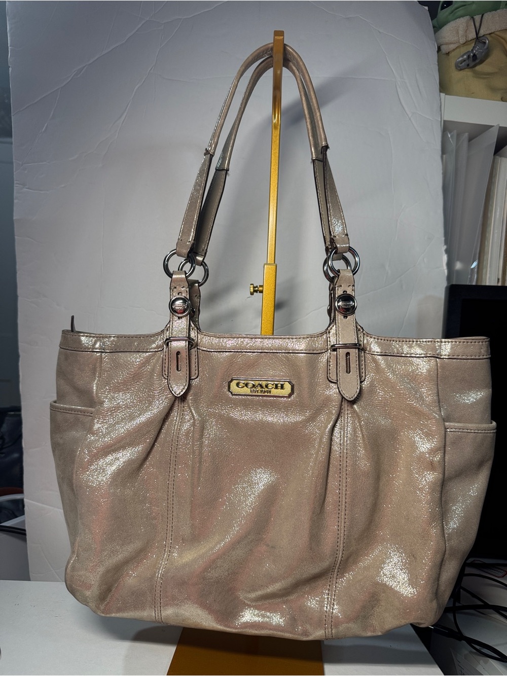 COACH Shimmering Beige grey Metallic Laguna Hampton Shoulder Tote sparkly